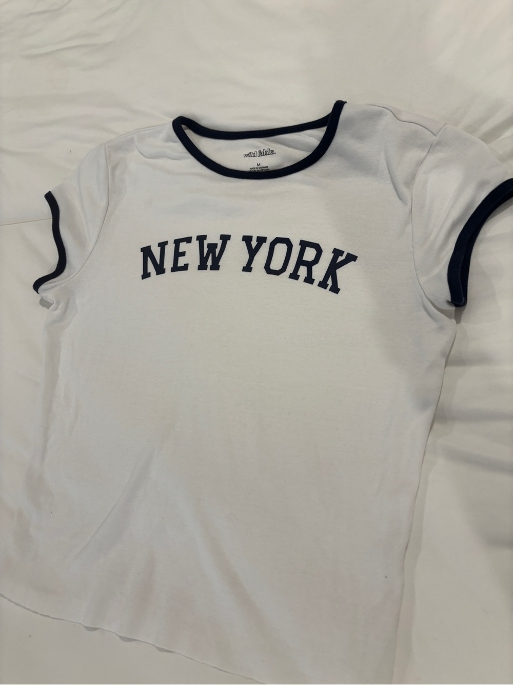 Brandy Melville White Tee with Navy Trim and Lettering and plaid skirt